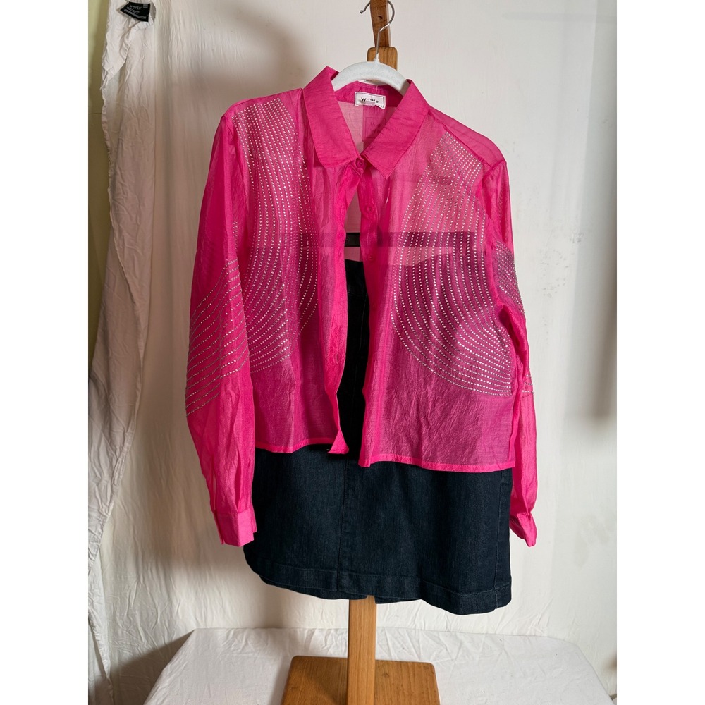 WoWo Hot Pink Sheer Rhinestone Button Down Long Sleeve Blouse and Jean Skirt